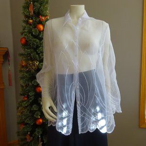Sheer Long Sleeve Embroidered Accent Blouse